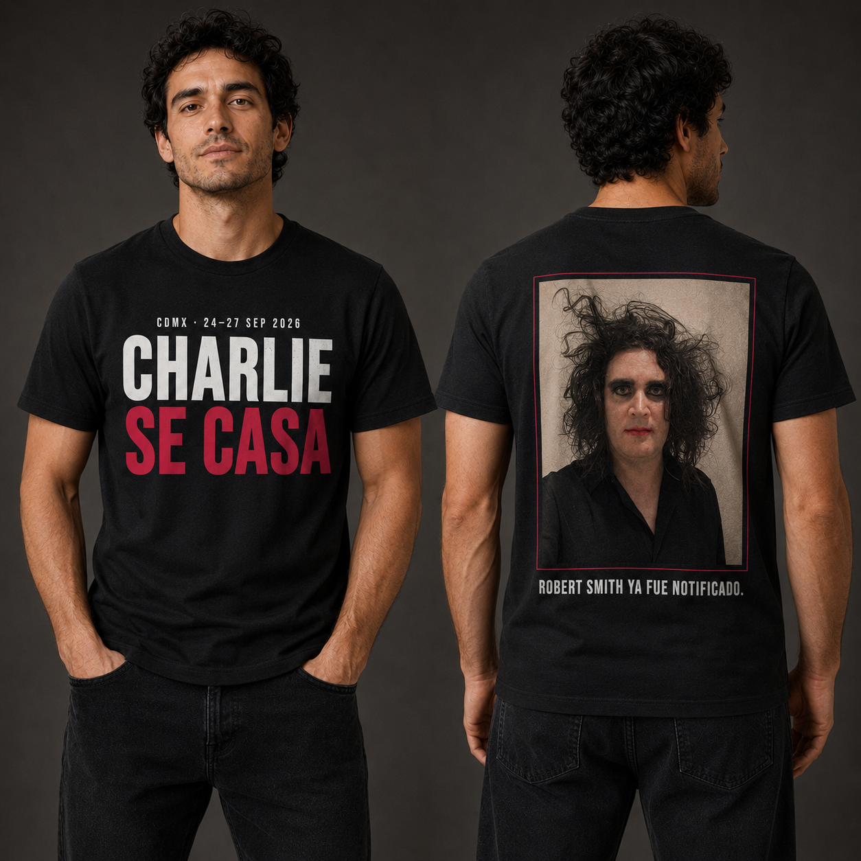 Modelo usando la playera oficial Charlie se casa