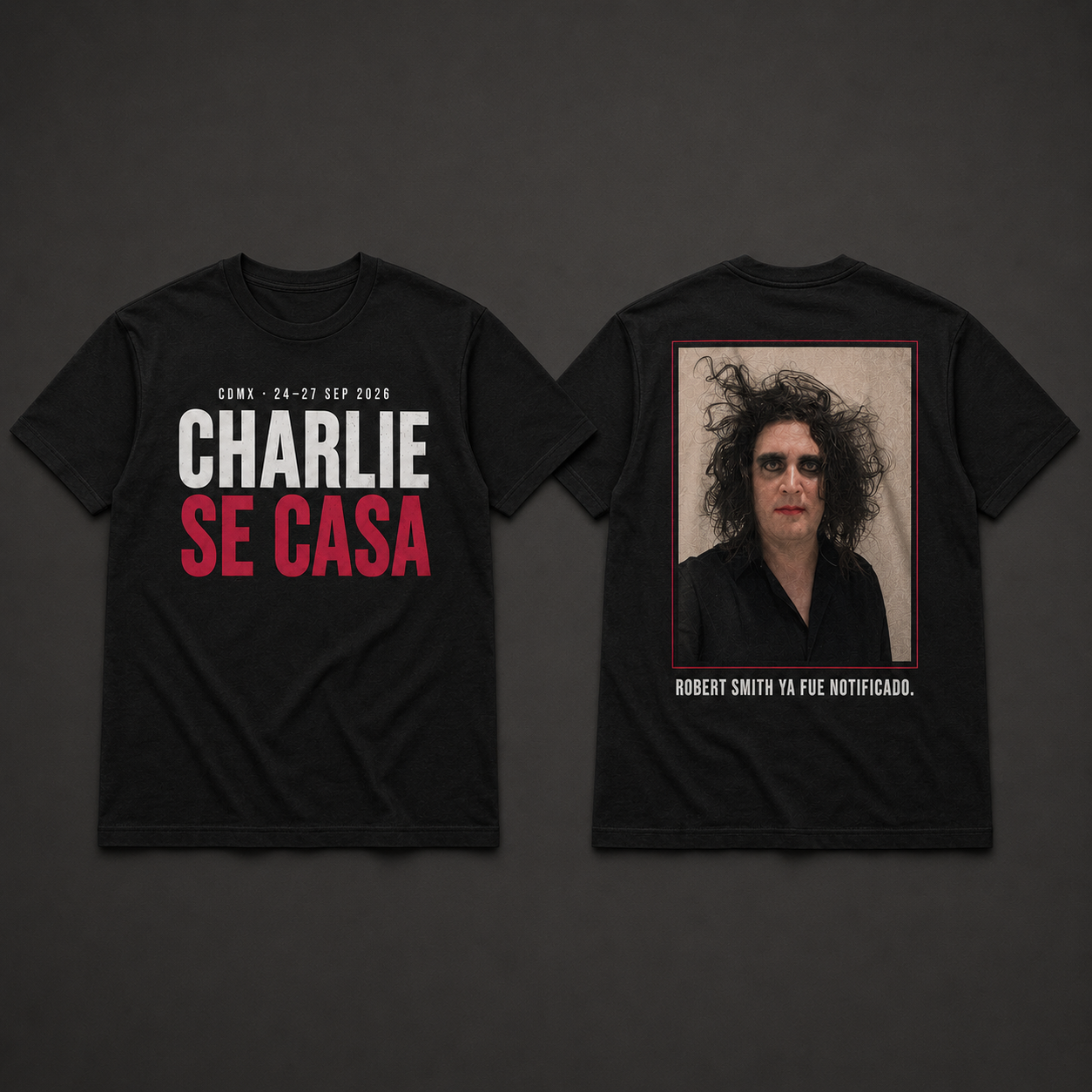 Playera oficial Charlie se casa, frente y espalda